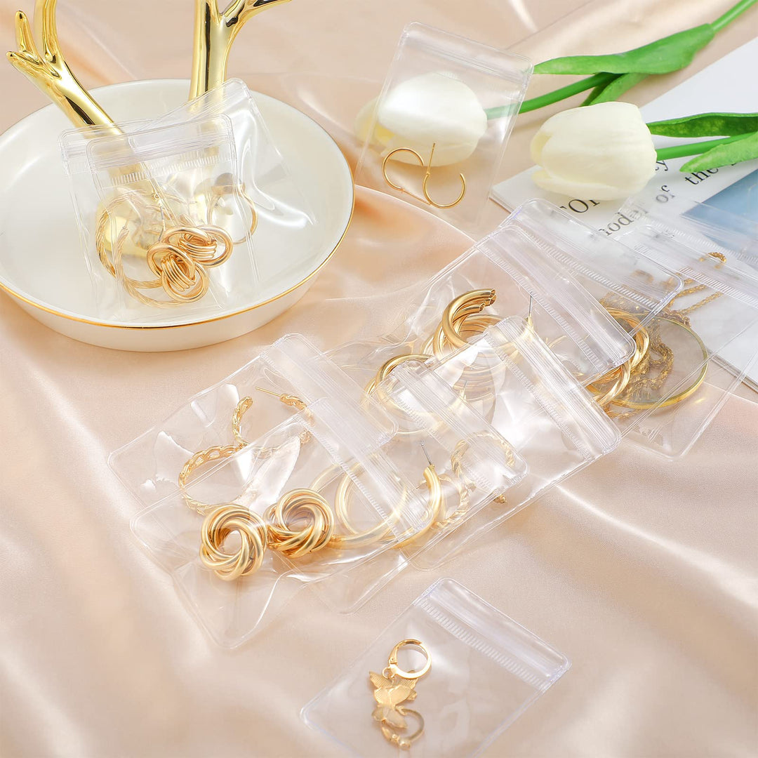 200 Pcs Clear Plastic Jewelry Bags Anti Tarnish Jewelry Bag Self Seal PVC Earrings Necklace Jewelry Pouch for Small Zipper Ring, 4 Sizes