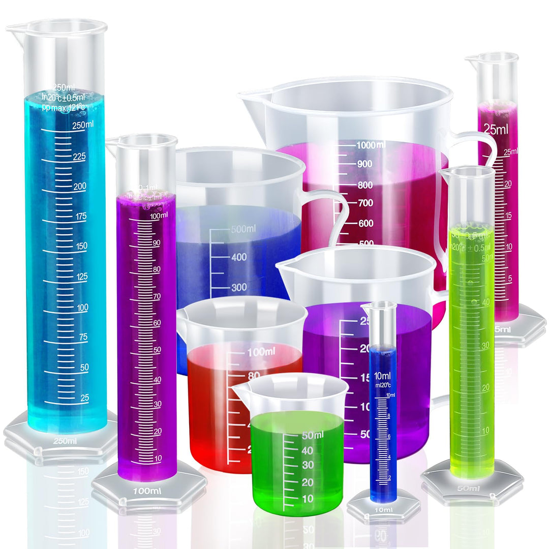Graduated Cylinder Plastic Beaker, 5pcs Plastic Graduated Cylinder 10ml 25ml 50ml 100ml 250ml and 5pcs Plastic Beakers 50ml 100ml 250ml 500ml1000ml Clear 10pcs
