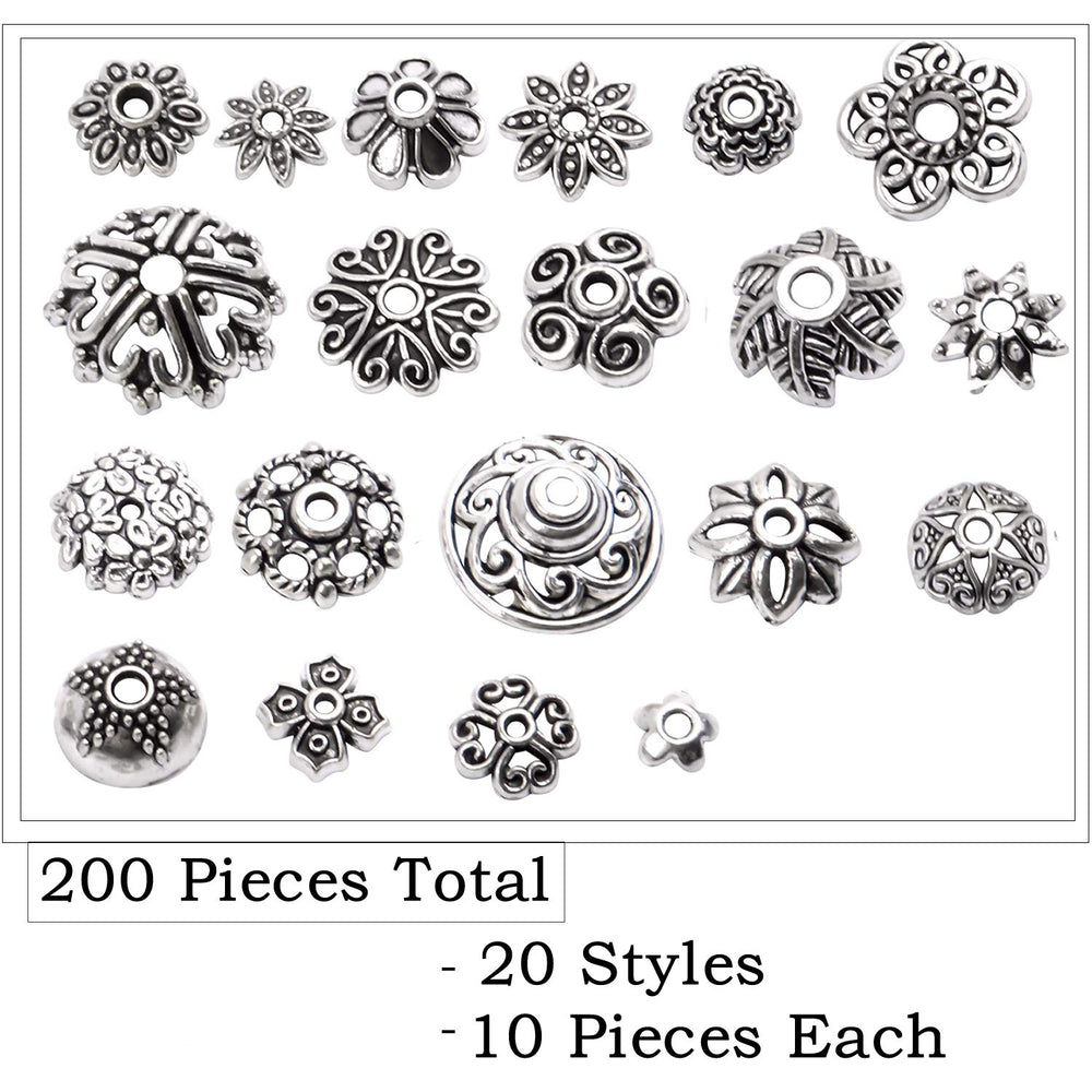 200pcs Tibetan Silver Flower Bead Caps Bead Caps Spacer Beads Bali Style Jewelry Findings for Necklace Bracelet,20 Styles