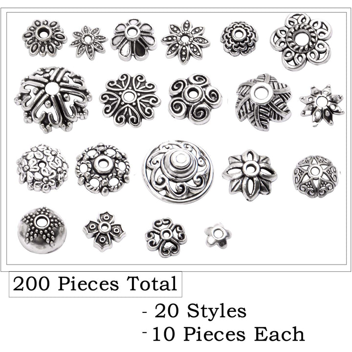 200pcs Tibetan Silver Flower Bead Caps Bead Caps Spacer Beads Bali Style Jewelry Findings for Necklace Bracelet,20 Styles