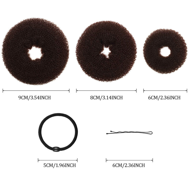 9 Pieces Donut Hair Bun Maker Shaper Foam Sponge Doughnut Bun Ring Style Set with 12 Pieces Hair Elastic Bands Ties and 32 Pieces Hair Bobby Pins for Women Girls Kids (Black, Brown, Beige)