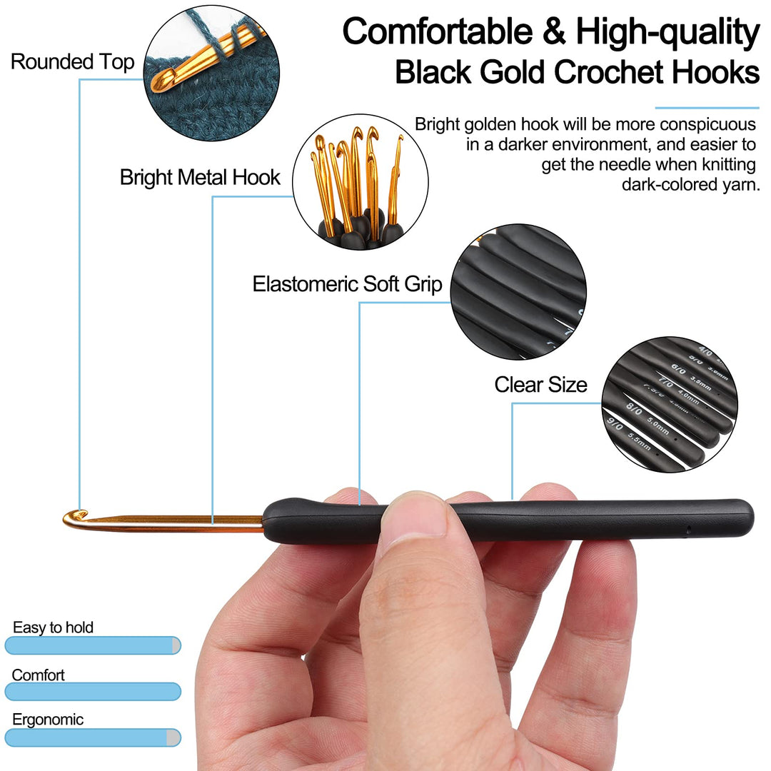 Black Gold Crochet Hooks Needles for Arthritic Hands, 2.0-6.0mm Crochet Hook Set Ergonomic Soft Grips Knitting Hook for Crochet Yarn Craft, Aluminum Knitting Crochet Supplies Kit for Knitter