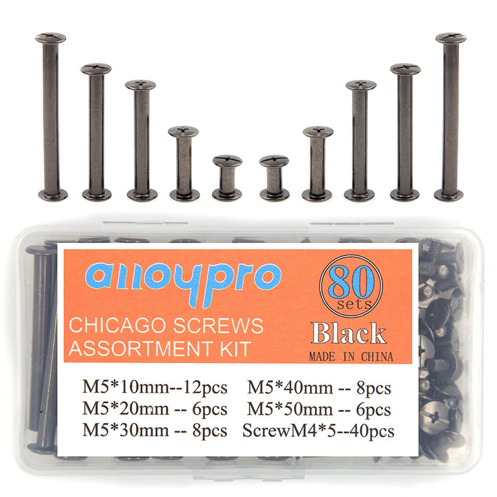 Alloypro 80 Pcs Phillips Chicago Binding Screws M5 x 10/20/30/40/50mm Black Scrapbook Extenders Post Binding Barrels and Screws Assortment Kit for Scrapbook Photo Albums/Book Binding