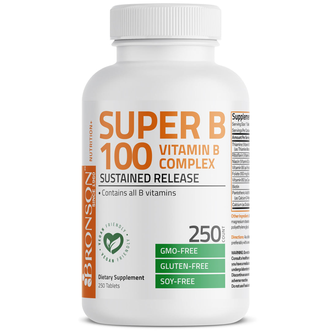 Super B 100 Vitamin B Complex Sustained Release Contains All B Vitamins (Vitamin B1, B2, B3, B6, B9 - Folic Acid, B12) Supports Energy Metabolism & Nervous System Health, Non-GMO, 250 Tablets