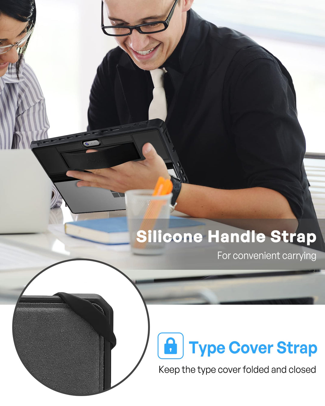 Case for Surface Pro 8, Rugged Protective Cover with Built-in Hand Strap Compatible with Type Cover Keyboard for 13.0 Microsoft Surface Pro 8 2021 Release –Black