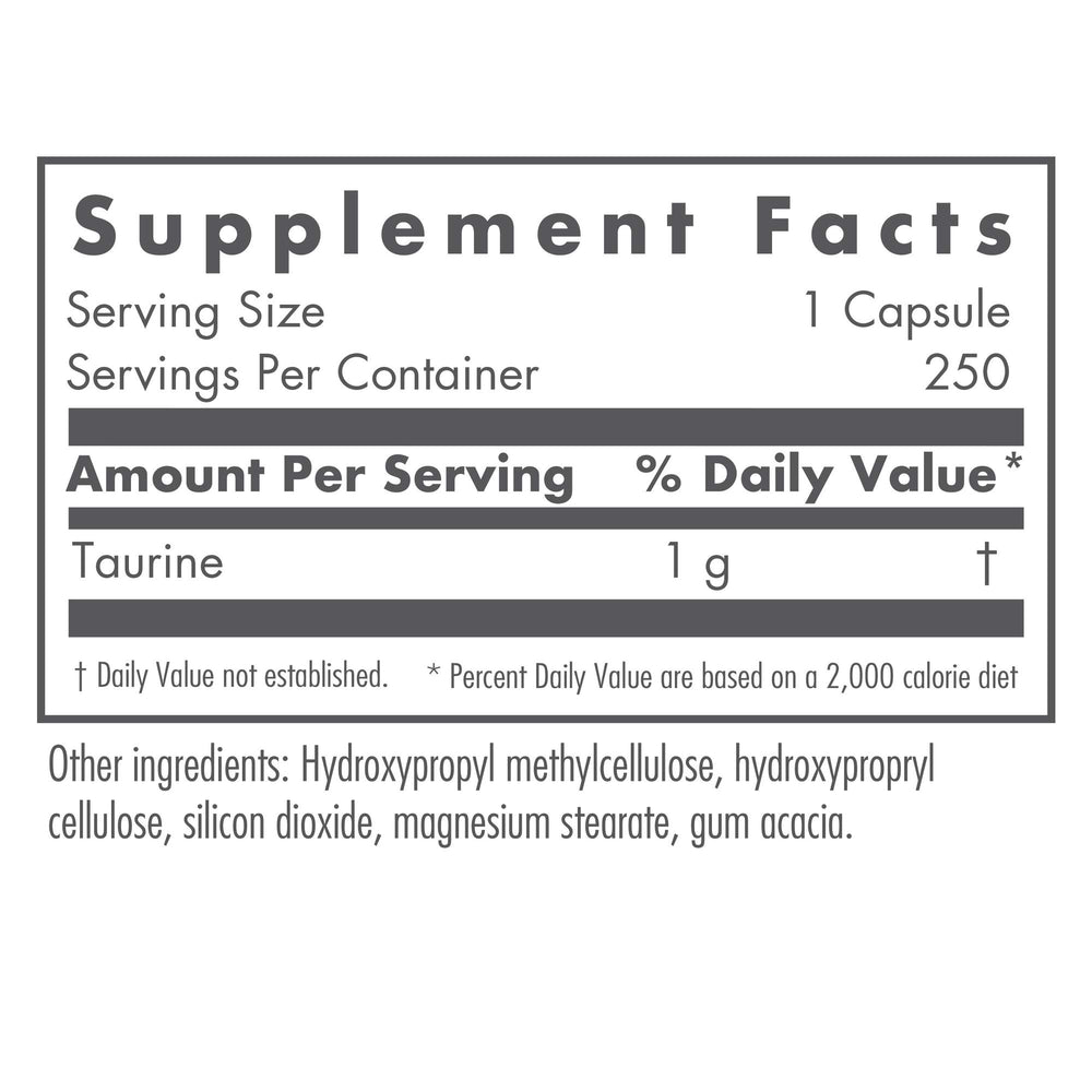 Taurine 1000mg Supplement - Cardiovascular Support, Free Form Amino Acid, Pure, Organic, Vegetarian Capsules - 250 Count