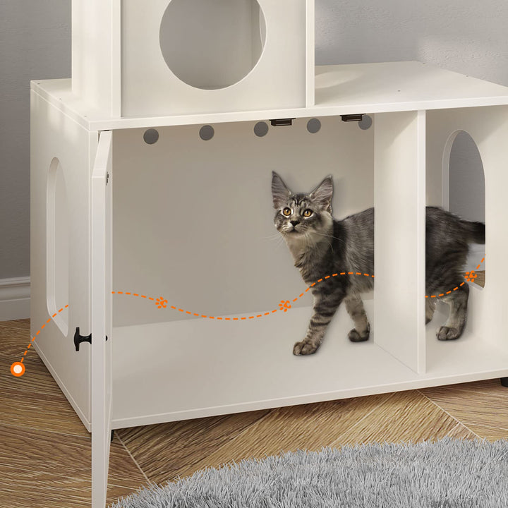 Cat Litter Box Enclosure, Large Litter Box Furniture with Cat Tree Tower and Condo, Cat House with Sisal Scratching Post and Soft Plush Perch, White