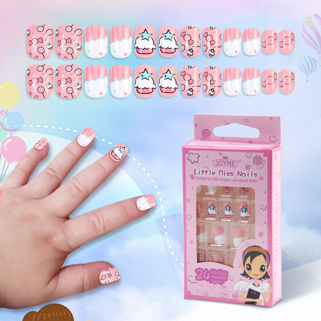 False Nails for Girls 24 Pcs Press On Kids Fake Nails Tips Candy Pattern