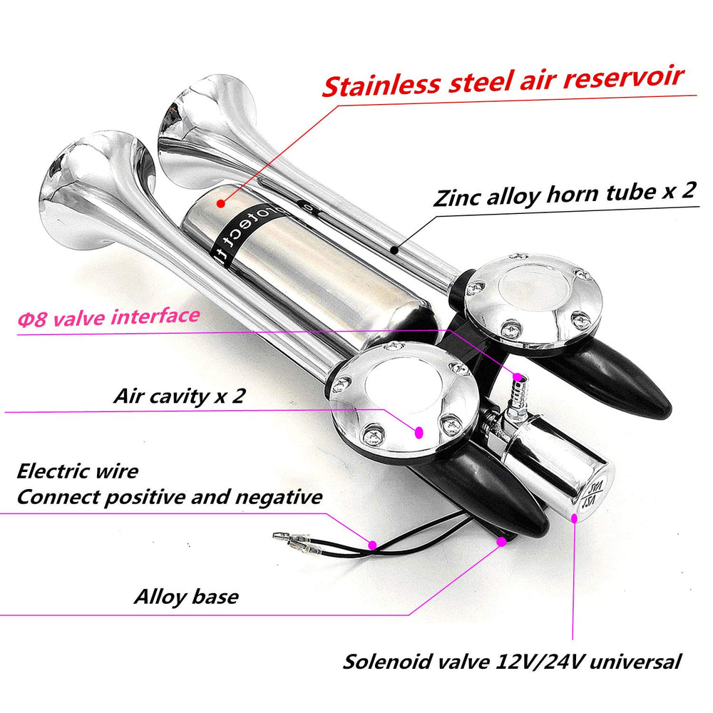 Car Horn Ship Horn Prolong the sound Air Horn Loudspeaker Horn Silver Double Tube Truck Horn Metal Super Loud with Stainless Steel Air Tank Suitable for 12v 24v Train Ship Car Moto Truck ect
