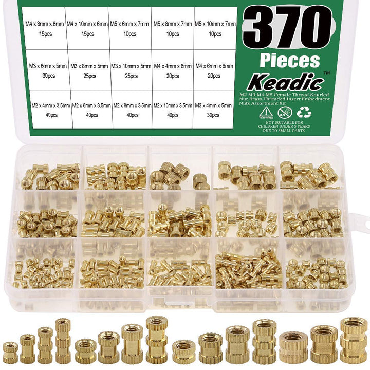 370PCS M2 M3 M4 M5 Female Thread Knurled Nut Brass Threaded Insert Embedment Nuts Assortment Kit