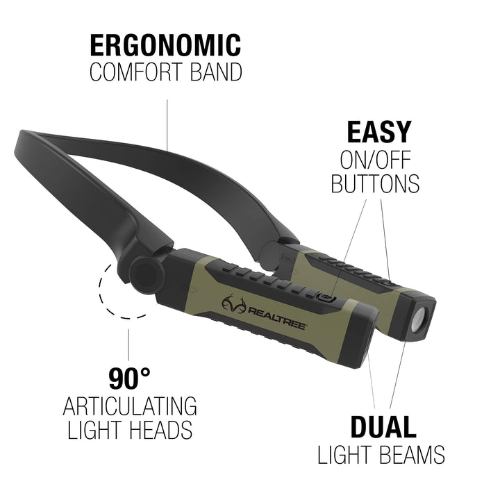 RealTree Alkaline Neck Light for Hands-Free Lighting with high and Low Brightness Modes Great for Camping Light, Hunting Light, Working Light and More, Green