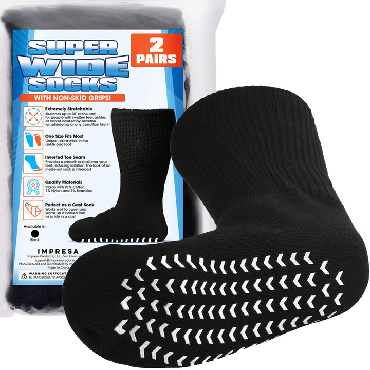2 Pairs of Super Wide Socks With Non-Skid Grips for Lymphedema - Bariatric Sock - Oversized anti-slip Sock Stretches up to 30'' Over Calf for Swollen Feet & Mens & Womens Legs-One Size Unisex