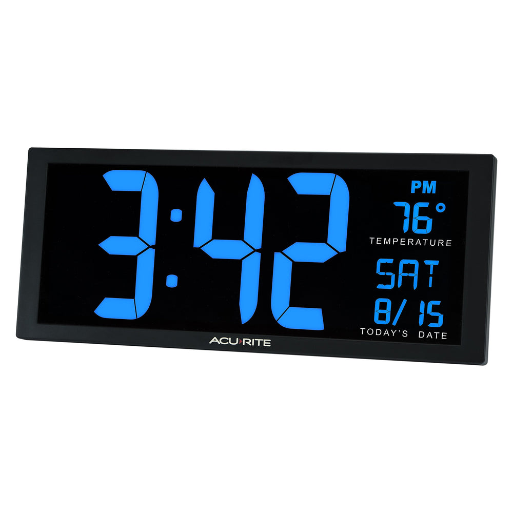 75152M Oversized Blue LED Clock with Indoor Temperature, Date and Fold-Out Stand, 14.5-Inch