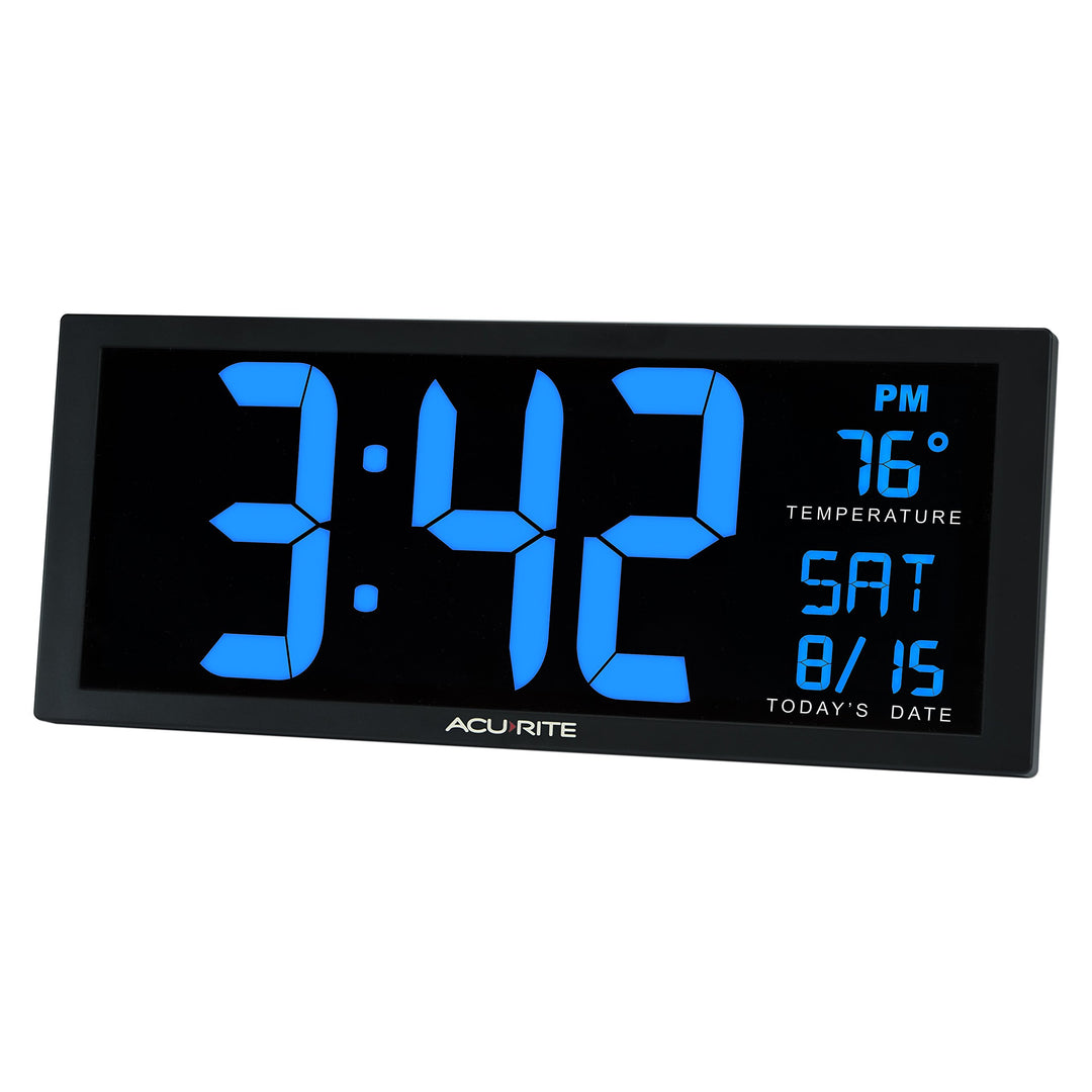 75152M Oversized Blue LED Clock with Indoor Temperature, Date and Fold-Out Stand, 14.5-Inch