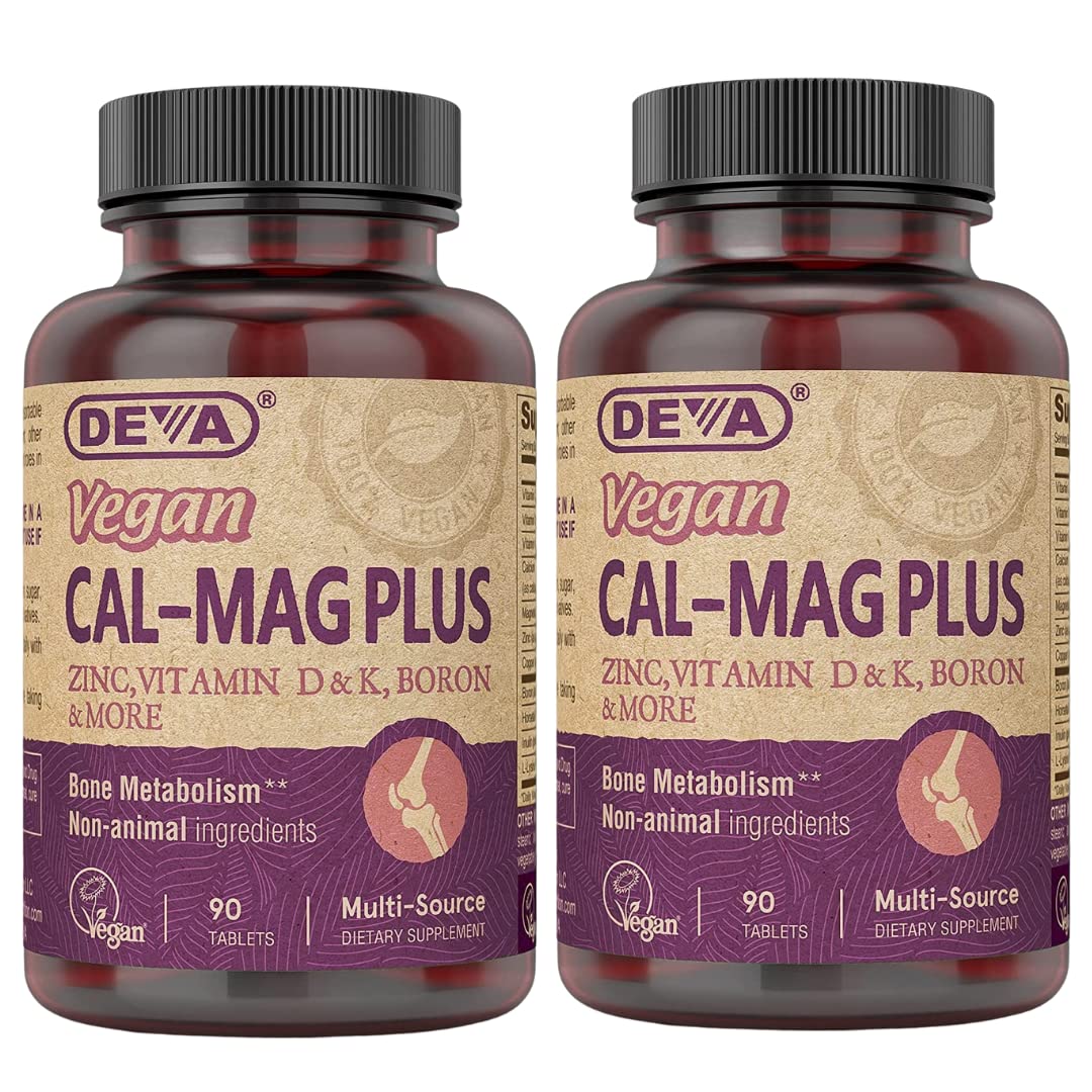 Vegan Calcium Magnesium Supplement Plus, Zinc, Vitamin C, Vitamin D, Vitamin K, Boron, Sugar Free & Gluten Free, 90-Tablets, 2-Pack