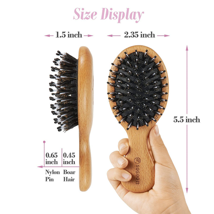 Hair Brush, Pocket Mini Travel Boar Bristle Hairbrush for Thick Thin Curly Straight Long Short Wet Dry Hair for Men Women Kids for Smoothing Detangling Massaging Adding Shine