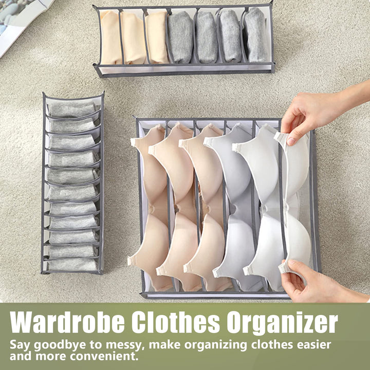 Upgraded Wardrobe Clothes Organizer 4PCS, Drawer Dividers for Clothes, Drawer Organizers for Clothing, Mesh Wardrobe Organizer for Jeans Pants Sweaters T-Shirts Underwear (Gray, Large 9 Grids)