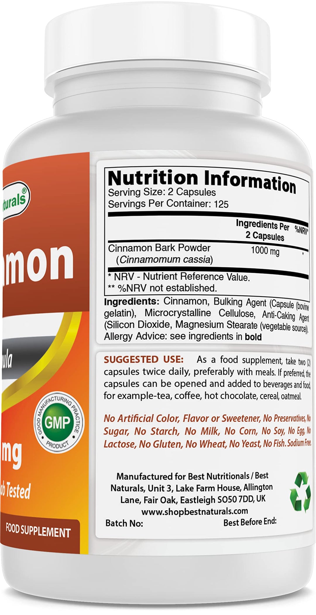 Cinnamon 500 mg 250 Capsules (250 Count (Pack of 1))