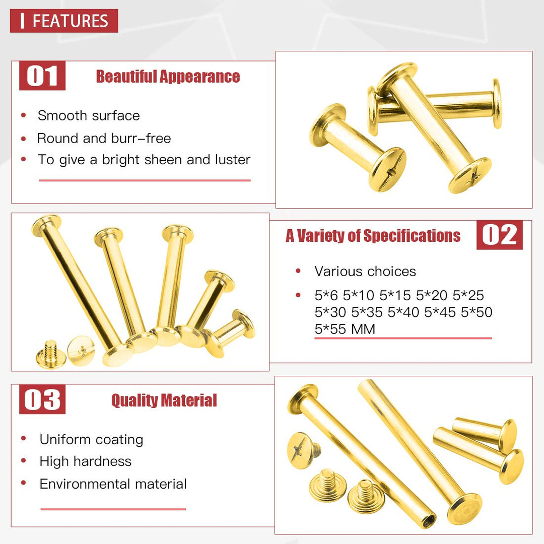 50-Sets M5 Brass Plated Phillips Chicago Screw Posts Binding Screws Assortment Kit for Scrapbook Photo Albums Binding, Leather Repair - Gold (M5 x 20mm-50Sets)