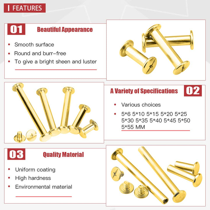 50-Sets M5 Brass Plated Phillips Chicago Screw Posts Binding Screws Assortment Kit for Scrapbook Photo Albums Binding, Leather Repair - Gold (M5 x 10mm-50Sets)