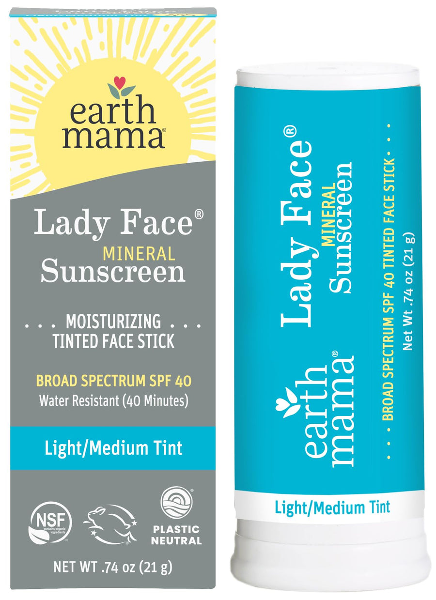 Lady Face® Tinted Mineral Sunscreen Face Stick SPF 40 Light/Medium Tint | Contains Organic Shea & Cocoa Butter | Foundation + Concealer Blends with Most Skin Tones