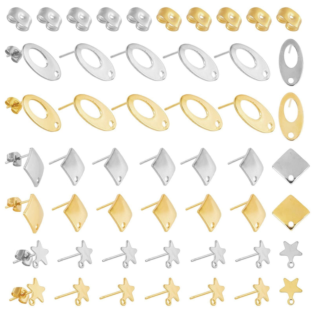 60pcs Earring Posts Golden Silver Ear Pad Base Posts with Holes 3 Style Earring Post 304 Stainless Steel Earring Studs with Ear Nuts for DIY Earrings Craft Making Supplies