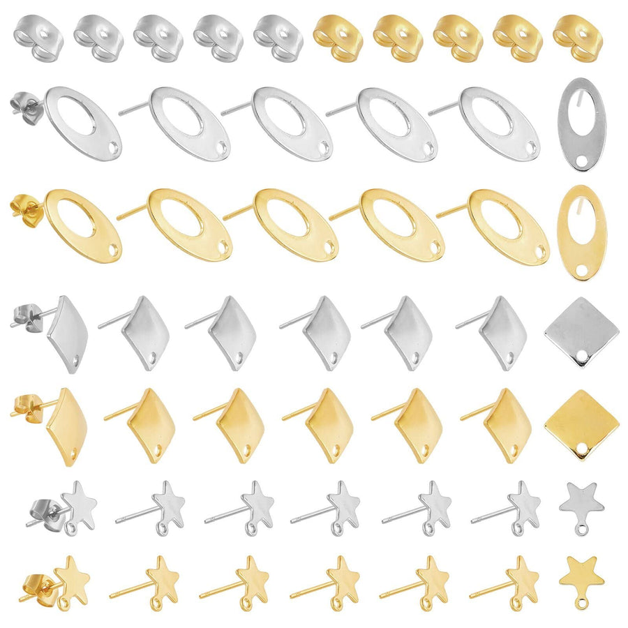 60pcs Earring Posts Golden Silver Ear Pad Base Posts with Holes 3 Style Earring Post 304 Stainless Steel Earring Studs with Ear Nuts for DIY Earrings Craft Making Supplies