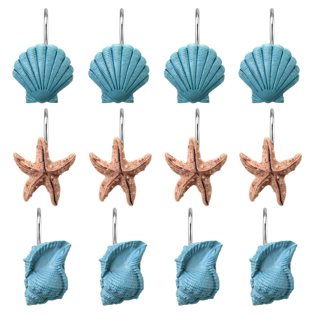 AGPtek® Seashell Shower Curtain Hooks, 12PCS Anti Rust Decorative Resin Hooks for Bathroom, Baby Room, Bedroom, Living Room Decor (Blue Seashell)