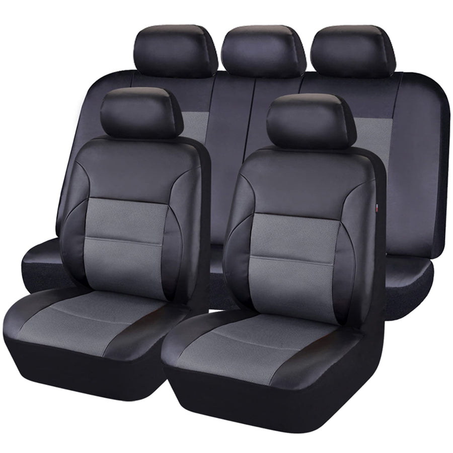 Luxurious Faux PU Leather Universal Seat Covers Set, Car Seat Cover Full Set Fit for Vehicles Sedan SUVs Trucks with Super 5mm Composite Sponge Inside, Airbag Compatible (Black and Gray)