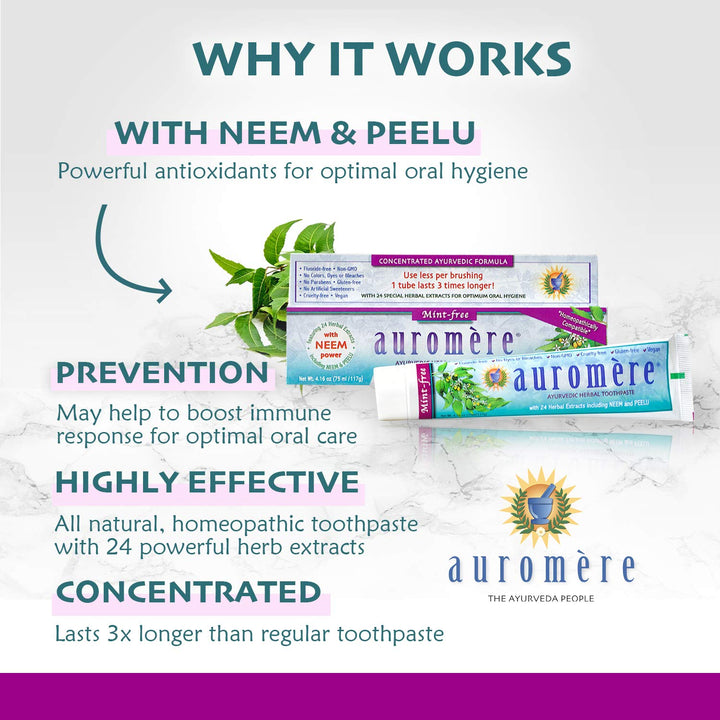 Ayurvedic Herbal Toothpaste, Mint Free - Vegan, Natural, Non GMO, Fluoride Free, Gluten Free, with Neem & Peelu (4.16 oz), 1 Pack