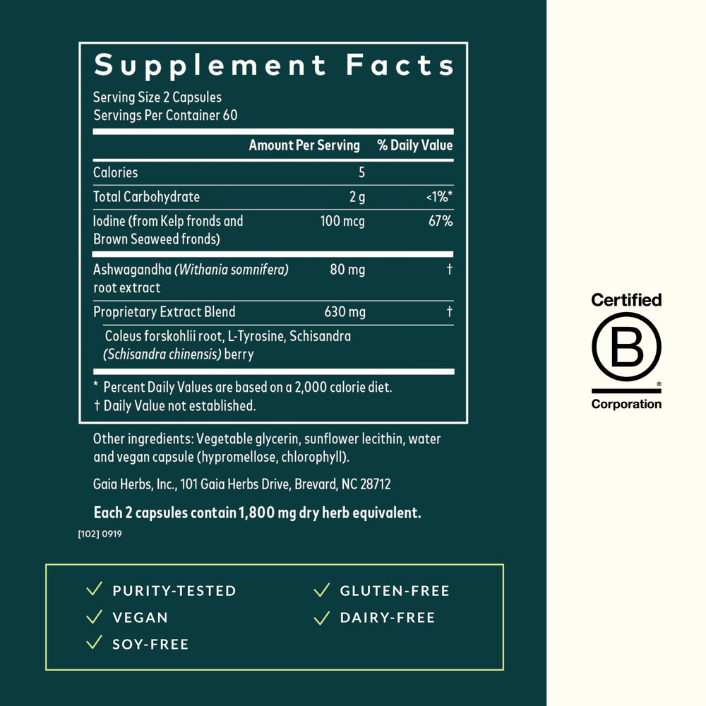 Thyroid Support - Made with Ashwagandha, Kelp, Brown Seaweed, and Schisandra to Support Healthy Metabolic Balance and Overall Well-Being - 120 Vegan Liquid Phyto-Capsules (40-Day Supply)