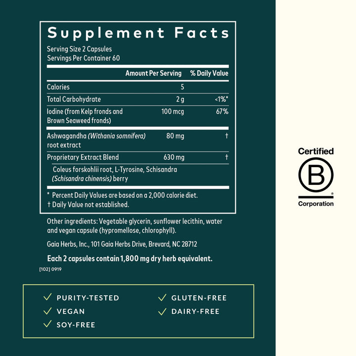 Thyroid Support - Made with Ashwagandha, Kelp, Brown Seaweed, and Schisandra to Support Healthy Metabolic Balance and Overall Well-Being - 120 Vegan Liquid Phyto-Capsules (40-Day Supply)