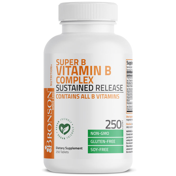 Super B Vitamin B Complex Sustained Slow Release (Vitamin B1, B2, B3, B6, B9 - Folic Acid, B12) Contains All B Vitamins 250 Tablets