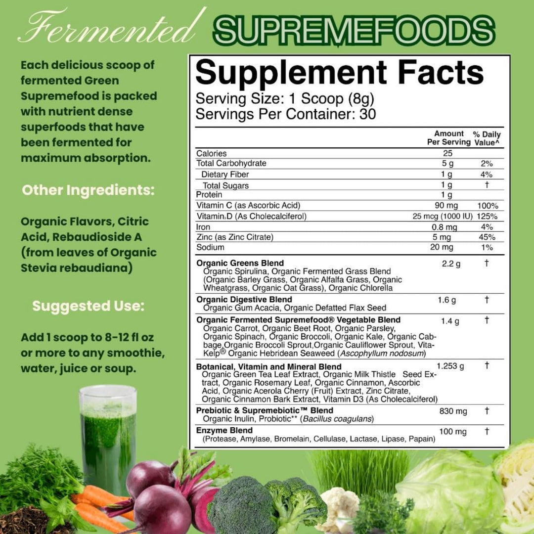 Fermented Green Supremefood | 14 USDA Organic & Fermented Vegetables and Grasses | Probiotics | Enzymes | Apple Cinnamon Flavor | 30 Servings | 240g