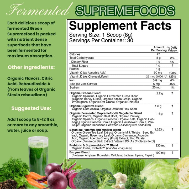 Fermented Green Supremefood | 14 USDA Organic & Fermented Vegetables and Grasses | Probiotics | Enzymes | Apple Cinnamon Flavor | 30 Servings | 240g
