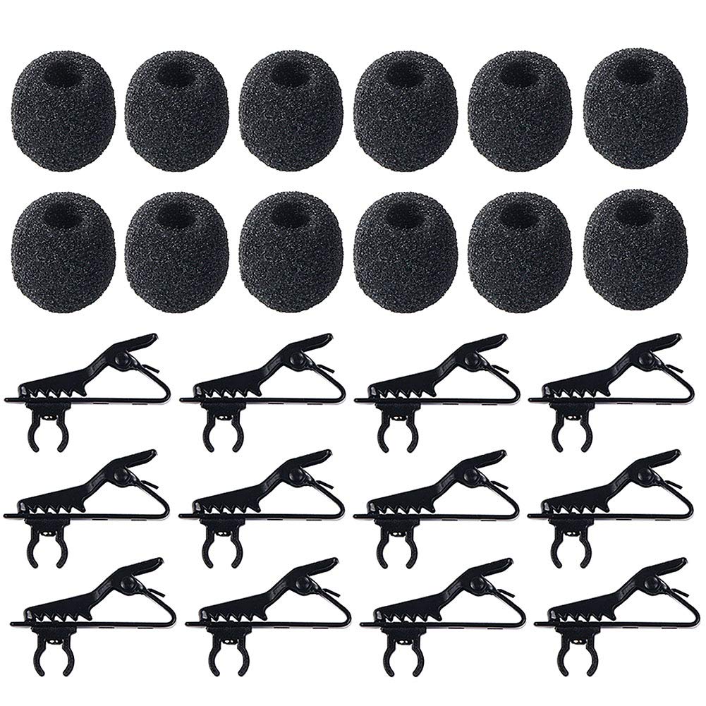 12Pcs Lavalier Microphone Clip Metal Tie Clips with 12Pcs Foam Windscreen Cover, Lapel Microphone Replacement Kit