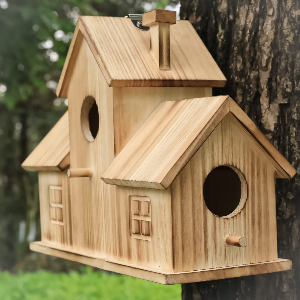 Bird Houses for Outside,Outdoor 3 Hole Bird House Room for 3 Bird Families Bluebird Finch Cardinals Wooden Hanging Birdhouse for Garden
