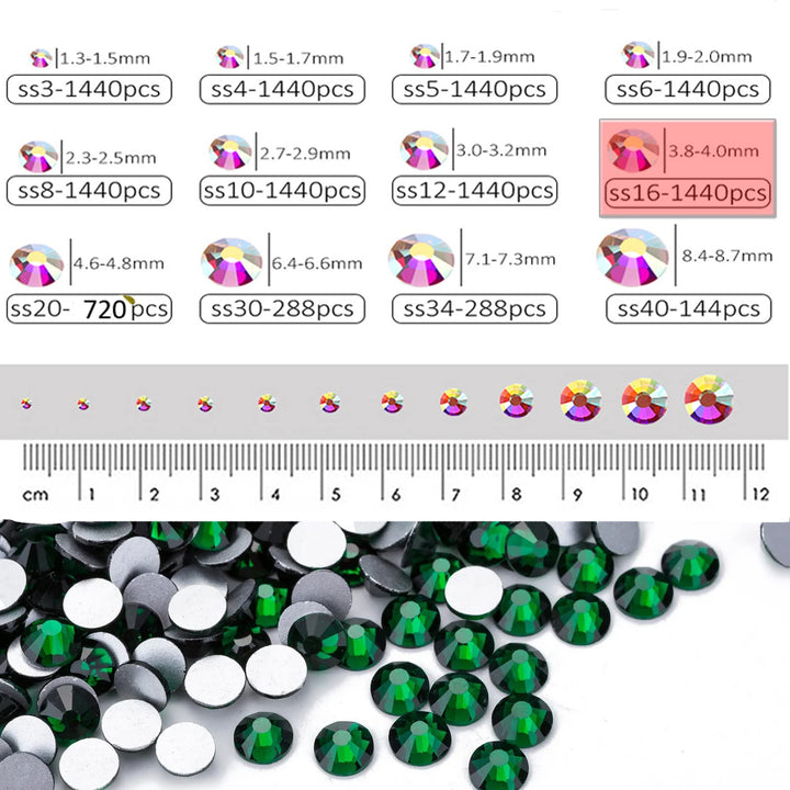 1440 Pieces SS16 Flatback Rhinestones, 4MM Flatback Crystal Rhinestones for Craft Nails Dance Costumes, Glass Flat Back Nail Crystals, Non Hotfix Rhinestones (SS16 / 4MM, Green/Emerald)