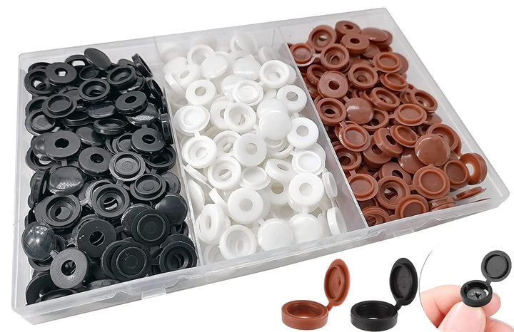180Pcs Colorful Pieces Hinged Screw Cover Caps Plastic Screw Caps Fold Screw Snap Covers Washer Flip Tops (Black, White, Brown) 286