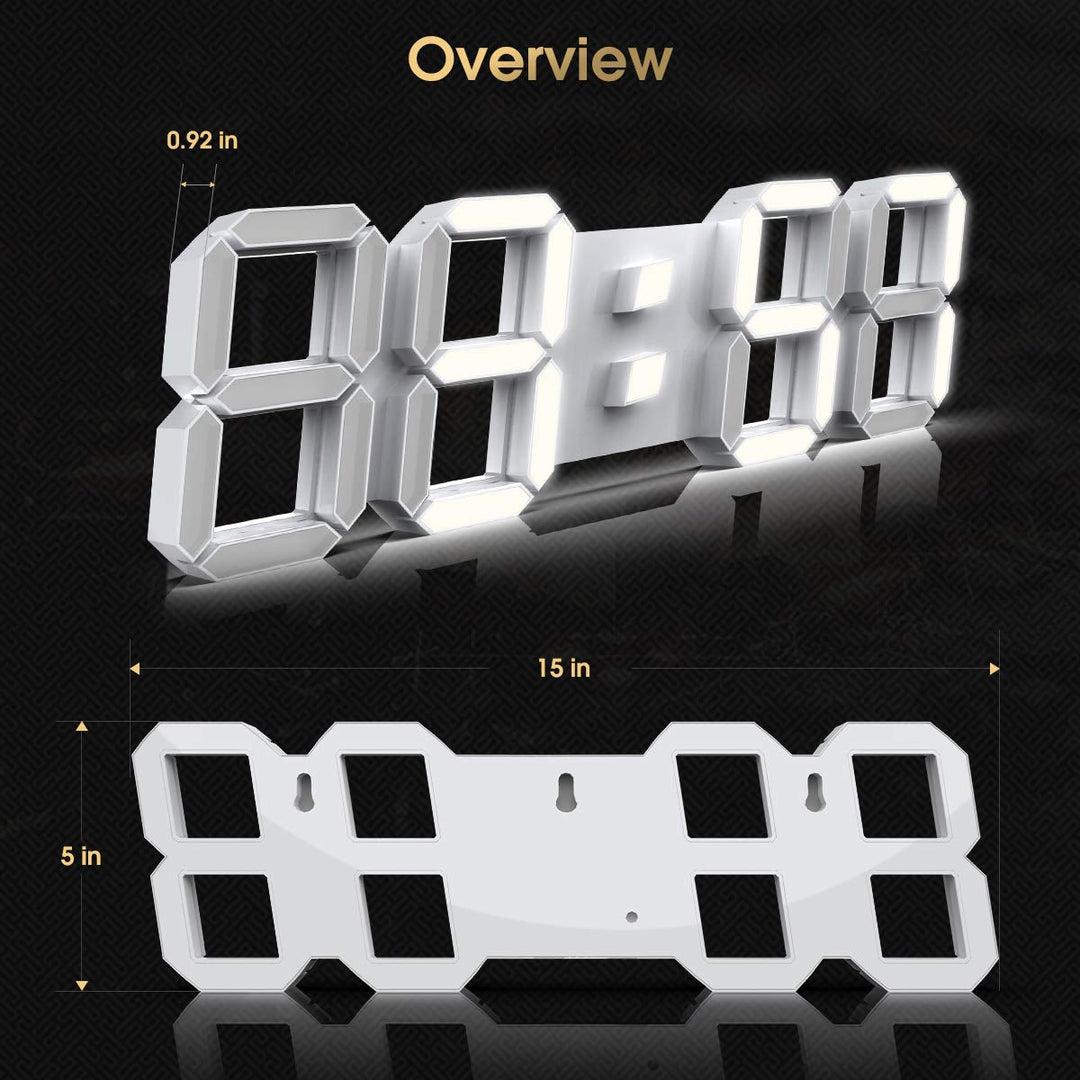 15'' 3D LED Wall Clock with Remote Control 12/24Hr Time/Date Temp Display Nightlight Alarm Digital Clock for Office/Home/Living Room/School (Cool White)