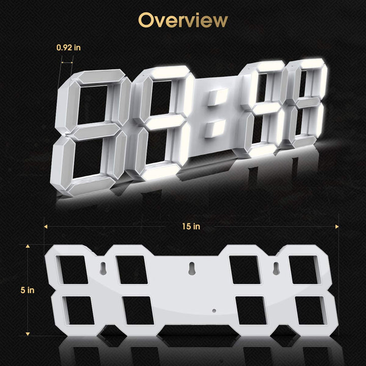 15'' 3D LED Wall Clock with Remote Control 12/24Hr Time/Date Temp Display Nightlight Alarm Digital Clock for Office/Home/Living Room/School (Cool White)