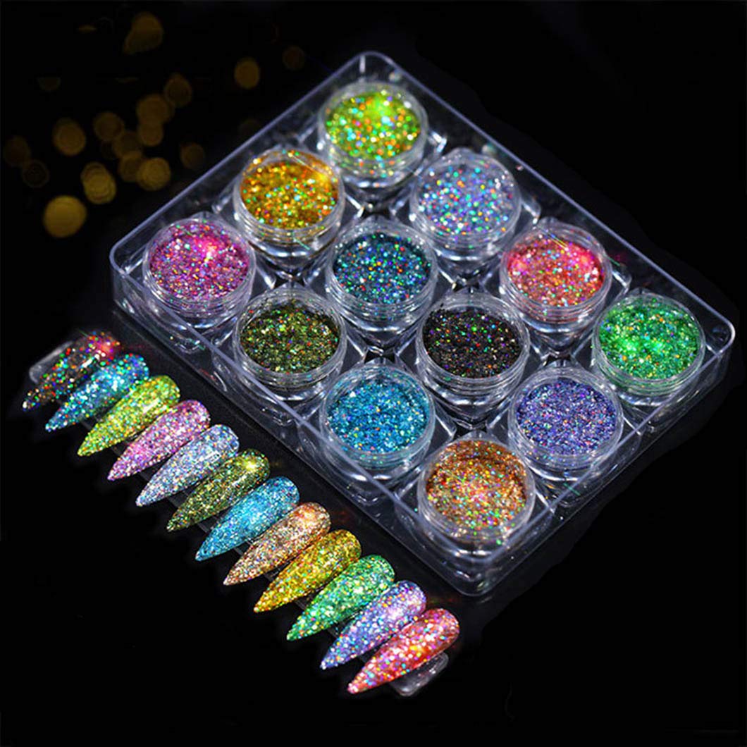 12 Colors Holoqraphic Glitter Superfine Nails Sequins Mixed Iridescent Paillette for Nails Art (A)