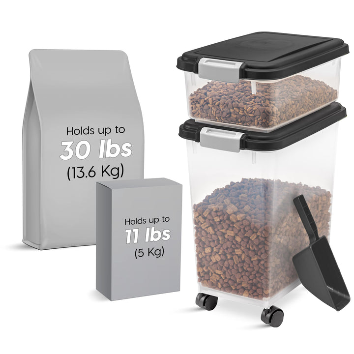 USA Dog Food Storage Container, 30 lbs & 11 lbs Combo, Cat Food Storage Container, Dog Treat Container, Airtight, Stackable, 2-Cup Scoop, Wheels, Easy Mobility, Black