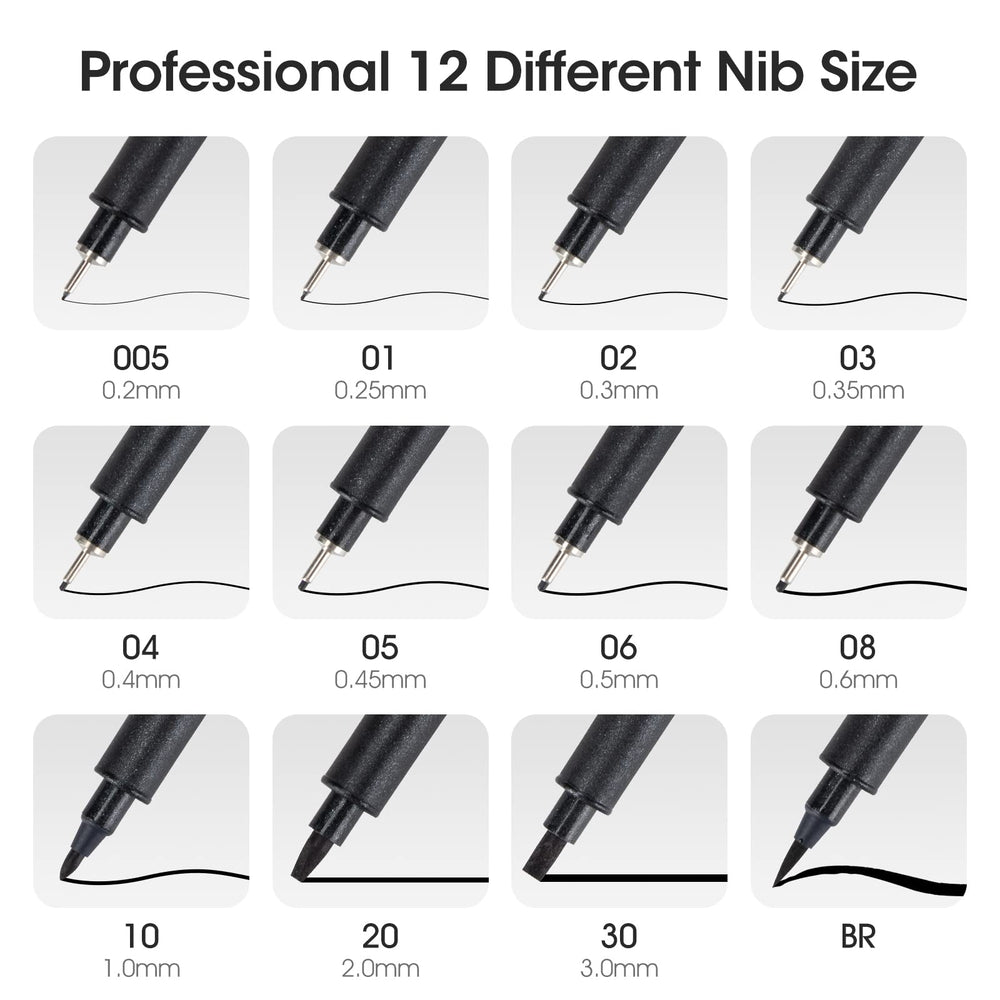 Art Pens,Fineliner Ink Pens,Set of 12 Technical Drawing pen,Pigment Pen,Fine Point,Black,Waterproof,for Art Watercolor,Sketching,Anime,Manga, 902188
