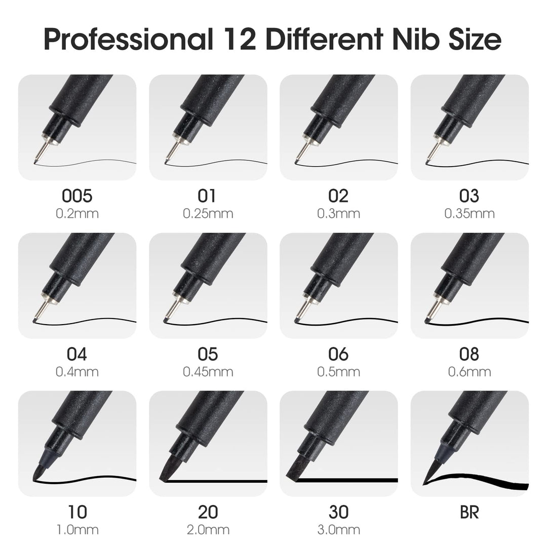 Art Pens,Fineliner Ink Pens,Set of 12 Technical Drawing pen,Pigment Pen,Fine Point,Black,Waterproof,for Art Watercolor,Sketching,Anime,Manga, 902188