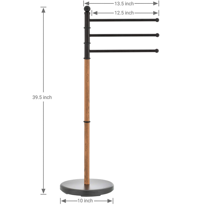 40 Inch Black Steel Freestanding Bathroom Towel Rack with 3 Swivel Arms and Oak Wood-Tone Finish, Indoor and Outdoor Pool Spa Towel Holder