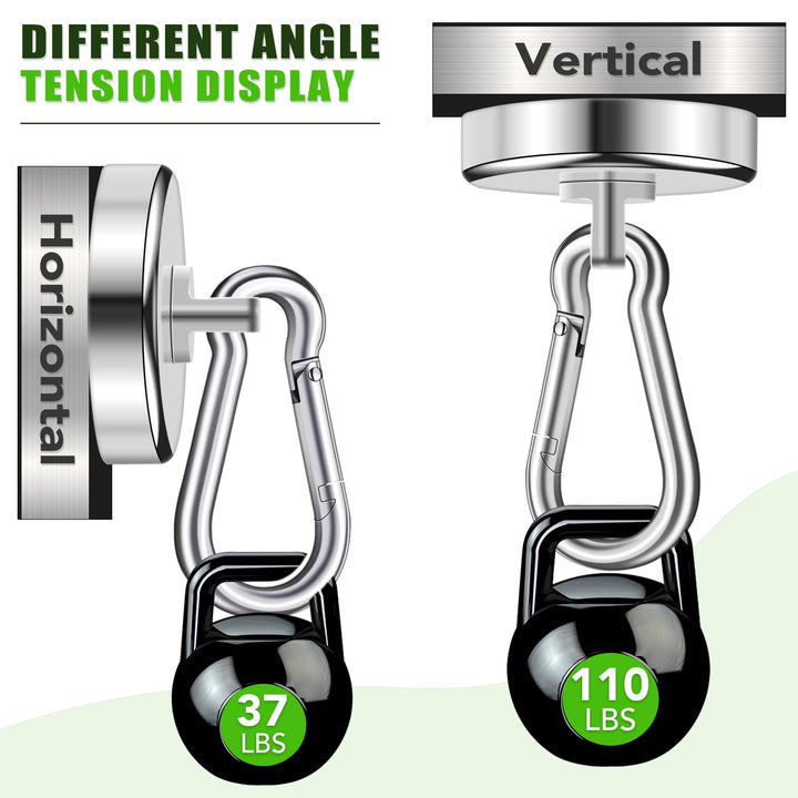 Magnetic Hooks,100LBS Strong Heavy Duty Neodymium Magnet Hooks with Swivel Carabiner Hook,Great for Your Kitchen,Refrigerator and Other Magnetic Surfaces(4 Pack), Silvery