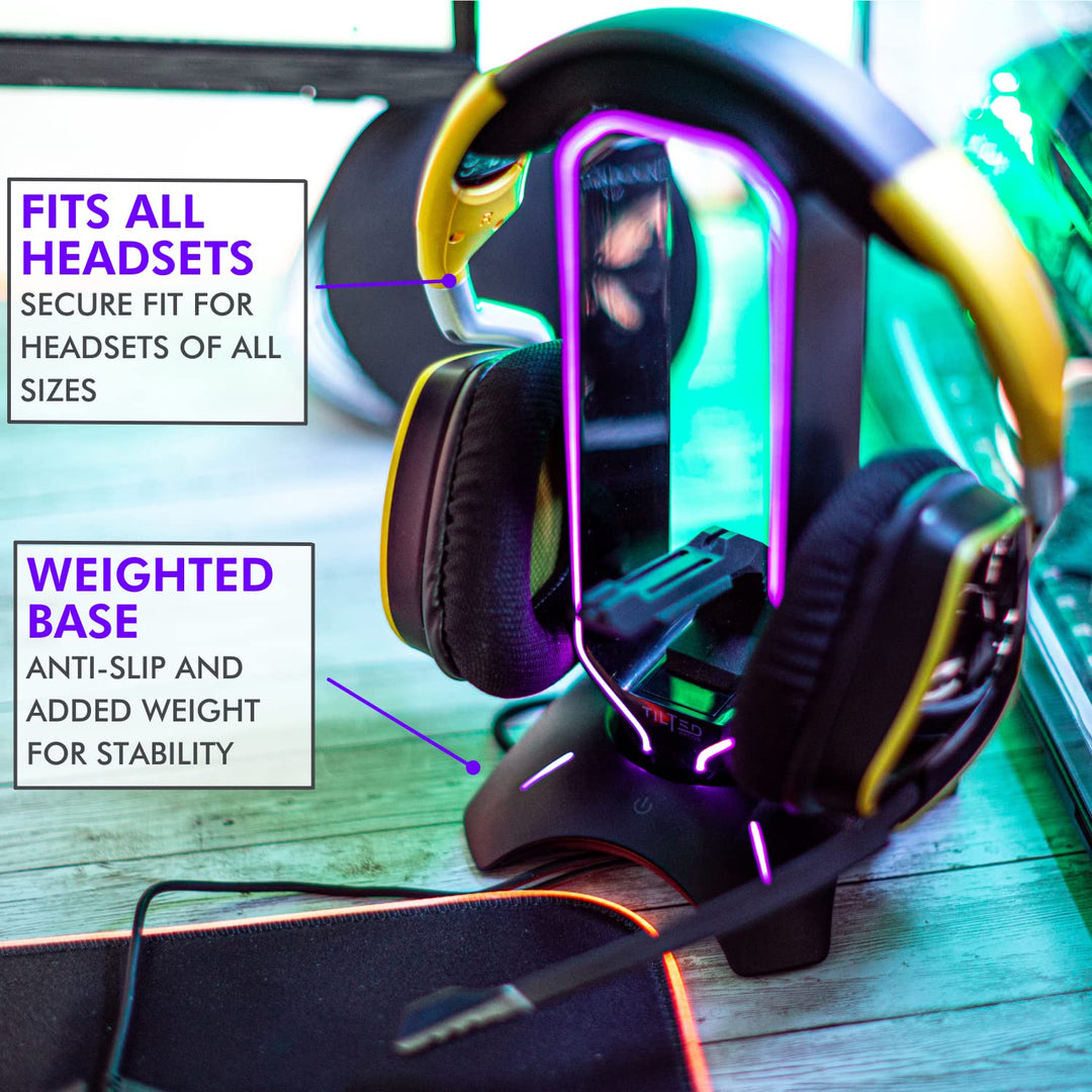 RGB Headset Stand and Gaming Headphone Stand for Desk Display with Mouse Bungee Cord Holder with USB 3.0 Hub for Xbox, PS5, PC - Perfect Gaming Accessories Gift