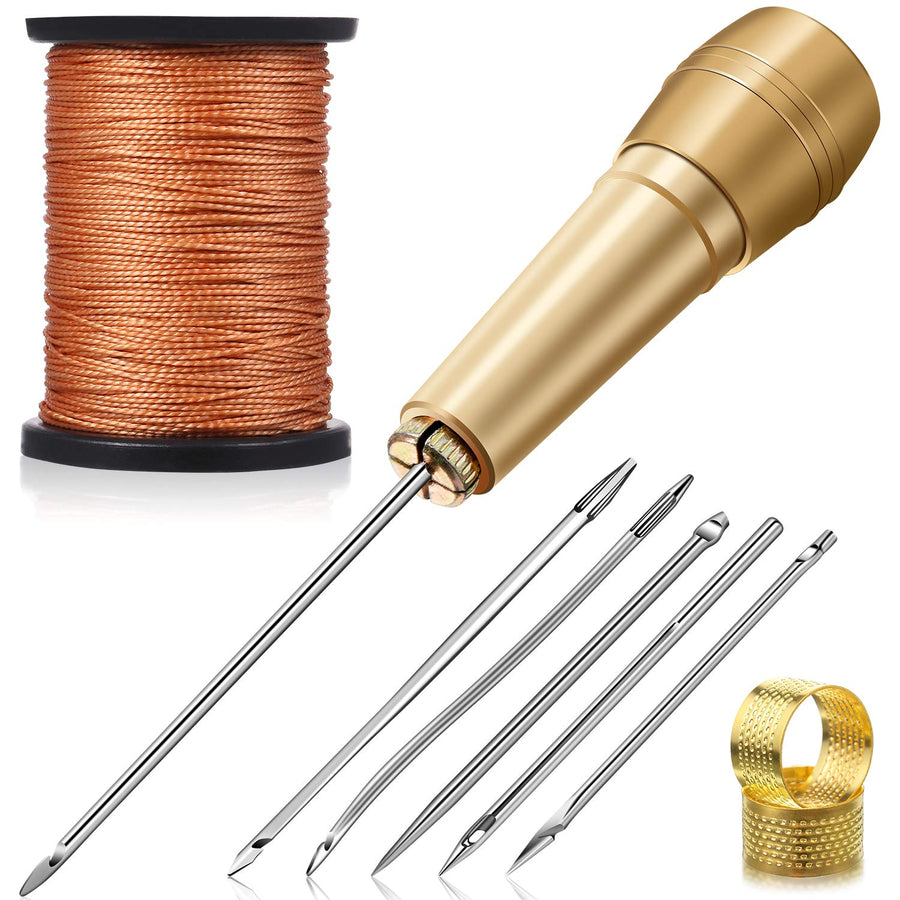 6 Pieces Canvas Leather Sewing Awl Needle with Copper Handle, 50 m Nylon Cord Thread and 2 Pieces Thimble for Handmade Leather Sewing Tools Shoe and Leather Repair