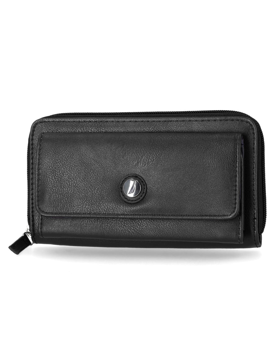 Womens - Bulk Cargo Vegan Leather RFID Wallet - Fashionable Zip Around Large Clutch with Phone Case and Multi-Card Organizer (Black)